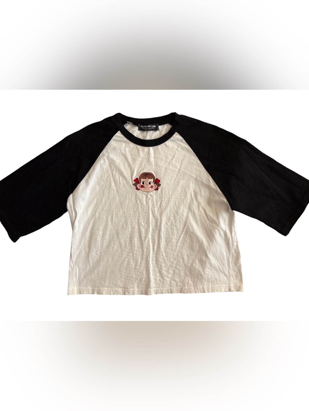 Source Unknown White Tee with Black Raglan Sleeves and Red Embroidered Character